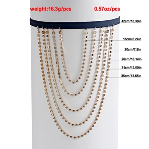 Sexy gold layered rhinestone leg chain with elastic band and size specifications