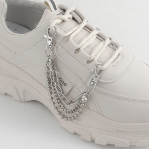 White chunky sneakers with multi-layered silver bead chain accessory and lobster clasps