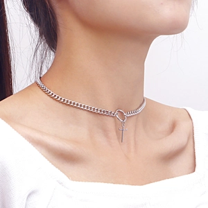 Silver curb chain choker necklace with small sword pendant for women in minimalist style