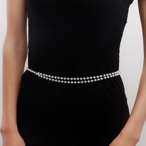Elegant Double Layer Faux Artificial Pearl Beaded Waist Chain Gold Tone Alloy Body Chain For Women Dress Decoration Accessory