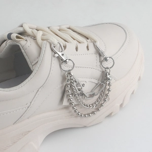 White platform sneakers featuring stylish multilayer silver metal bead and link chains