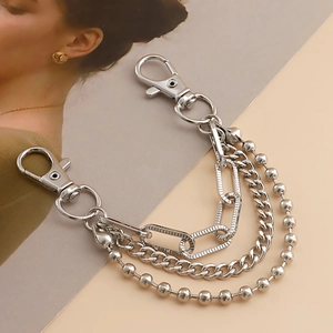 Three-layer silver beaded and Cuban chain accessory with large spring lobster clasps