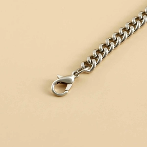 Detailed close-up of a silver lobster clasp on a delicate stainless steel choker chain