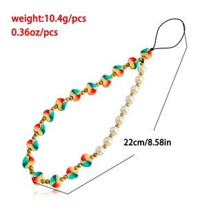 Handmade beaded phone strap with colorful hearts, faux pearls, and gold beads, 22cm long