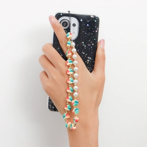 Colorful heart beads and pearls phone strap accessory on black glitter case