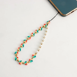 Detailed view of handmade phone lanyard featuring colorful heart beads and faux pearls