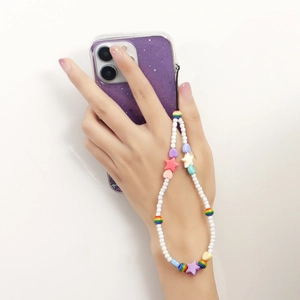 Bijou de téléphone avec perles étoile et cœur, breloques colorées et étoile violette