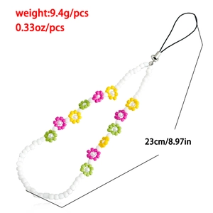 Detail view of handmade beaded phone strap with size 23cm and weight 9.4g specifications