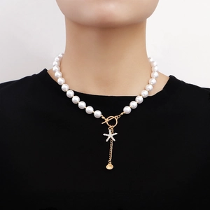 Women Ocean Theme Imitation Artificial Pearl Necklace Alloy Starfish Shell Rhinestone Pendant Toggle Clasp Beach Vacation Jewelry