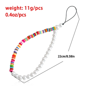 Bohemian phone strap with colorful polymer clay beads and faux pearls for women