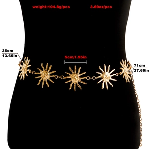 Golden sun face link waist chain belt for women, metallic smiling face dress accessory