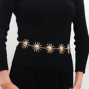 Golden metal waist chain belt featuring sun smiley face charms for women dresses