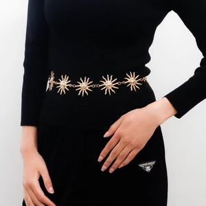 Golden sun face metal waist chain belt with vintage sunburst relief for women dresses
