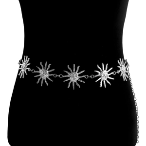 Silver metal sun face chain belt with celestial relief discs and adjustable tail chain