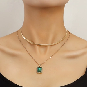 Double Layered Snake Bone Chain Necklace Alloy Gold Plated Rectangular Faux Gemstone Pendant Rhinestone Vintage For Women
