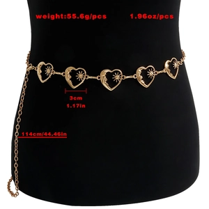 Gold heart waist chain featuring sun and moon relief charms on a 114cm adjustable belt