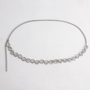 Detail of silver metal waist chain with intertwined double ring links and lobster clasp