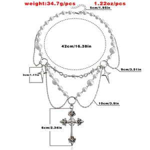 Double-layer pearl necklace with silver cross and star pendants with size annotations