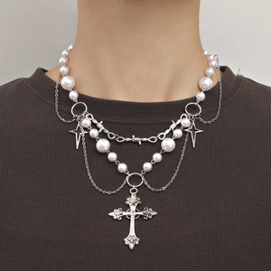 Double layer pearl necklace featuring cross and star pendants in punk vintage style