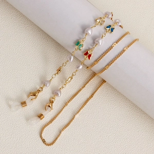 Goldene Brillenlkette mit bunten Emaille-Schmetterlingen und Perlen für Damen