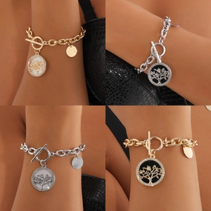 Geometrische Dicke Kette Knebelverschluss Armband Für Damen Minimalistische Muschel Herz Lebensbaum Anhänger Legierung Strass Schmuck