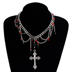 Gothic multi-layer necklace with red and black beads and large silver cross pendant