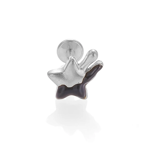 Macro view of 316L stainless steel star labret stud with purple enamel finish and flat back