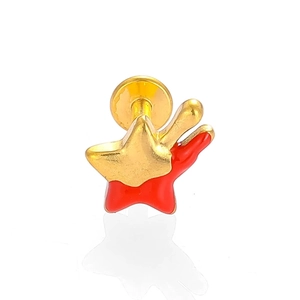 Detail of a 316L stainless steel gold flat back stud with red enamel double stars