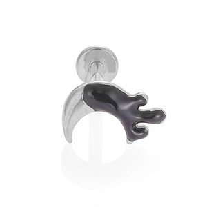 Detail view of 316L stainless steel moon labret stud with black dripping enamel finish