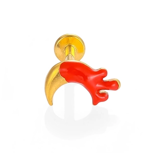 316L gold stainless steel flat back labret stud with red enamel crescent moon charm