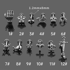 Set de 12 pendientes de espalda plana de acero inoxidable 316L con motivos únicos