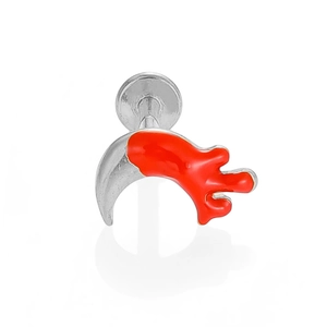 Macro shot of 316L stainless steel crescent moon labret with red drip enamel detail