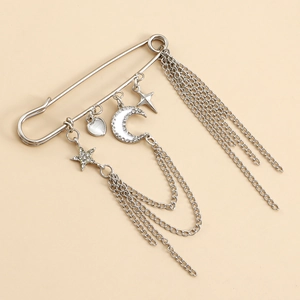 Détail de la broche à pompons argentés avec breloques lune, étoile et cœur en strass