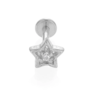 Macro shot of silver 316L stainless steel star labret stud with white zircon inlay