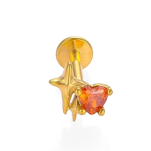Piercing labret de acero 316L dorado con estrella y circonita roja en forma de corazón