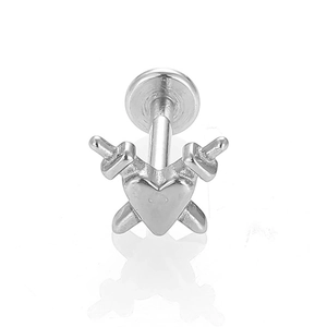Piercing labret de acero 316L con diseño de corazón y espadas dobles para oreja y labio