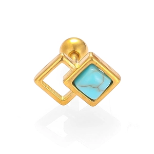 Macro detail of gold geometric square stud earrings with turquoise inlay and screw backs