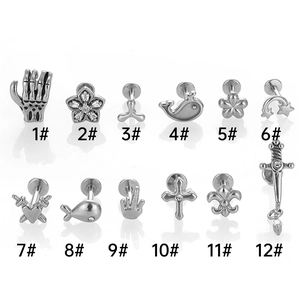 Set de 12 piercings de acero 316L con motivos de cruz, ballena y corazón en plata