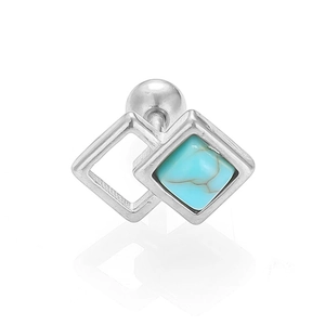 Macro shot of 316L stainless steel screw-back ear stud with square turquoise stone detail
