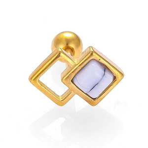 Detail of 316L stainless steel gold stud featuring double squares and blue stone inlay