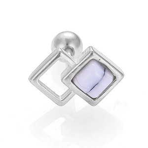 Macro detail of geometric silver screw back earring with lavender inlay and square frame