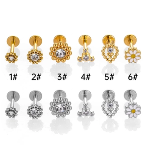 Lot de 12 piercings lèvre et oreille en acier 316L avec motifs fleurs et zircons