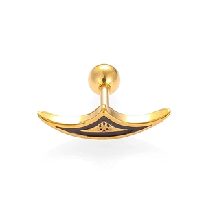 Macro shot of gold stainless steel cartilage stud with black enamel celtic moon detail