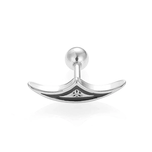 Macro detail of 316L stainless steel screw-back earring with black moon pattern
