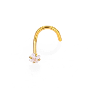 Detail of L-shaped gold nose stud featuring a square-cut sparkling zircon in four-prong setting