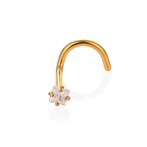 Detailed view of a gold nose stud featuring a square cubic zirconia in a 4-prong setting
