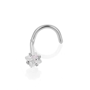 Detailed view of an L-shaped stainless steel nose stud with a square-cut clear zircon stone