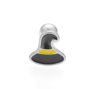 Macro shot of 316L stainless steel wizard hat stud earring with black enamel and yellow line
