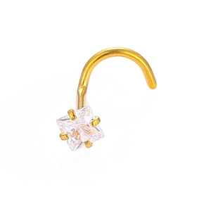 Square clear zircon nostril stud in gold stainless steel with curved S-shaped post design