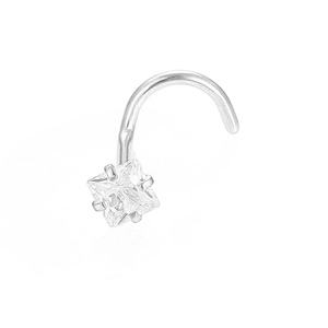 L-shaped stainless steel nose stud with square-cut clear zircon in four-prong setting